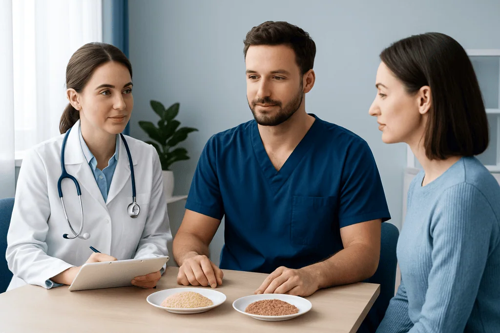 Doctor consulting with a patient about healthy grains at a hospital.