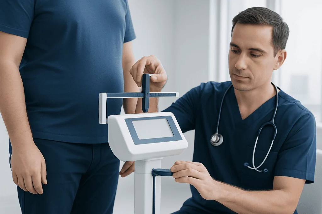 Doctor using medical scale to measure patient's weight in hospital setting.