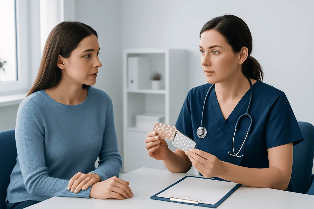 Doctor explaining birth control options to a patient in a clinic setting.