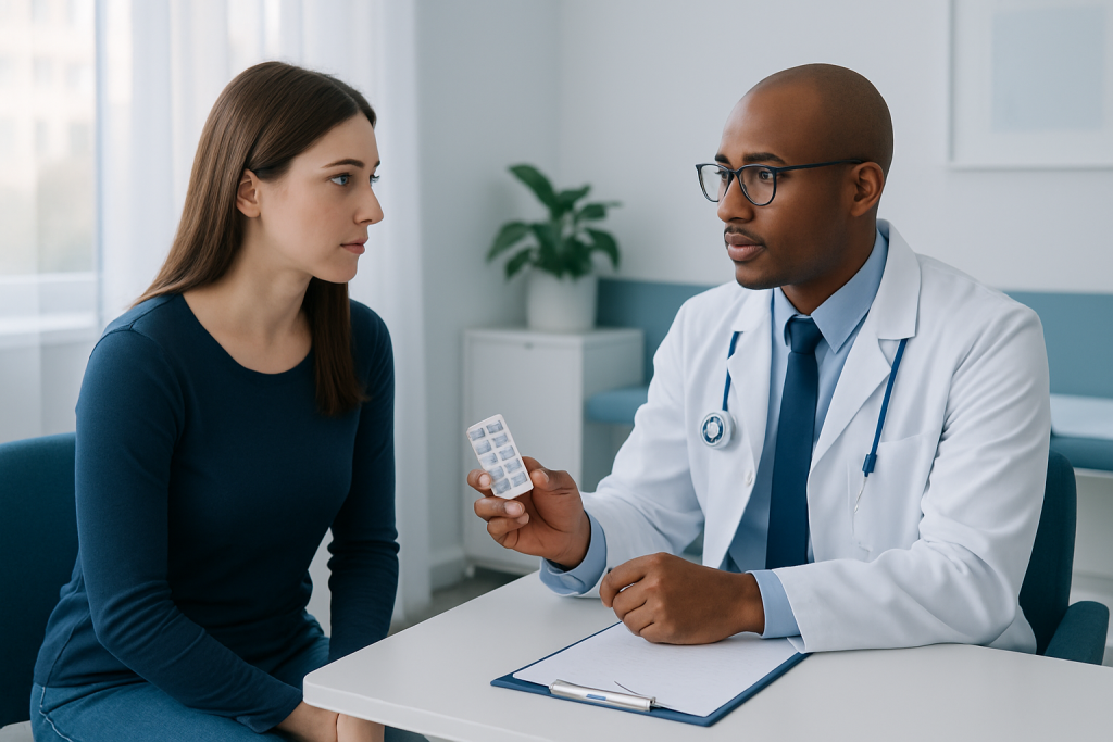 Doctor explaining medication to a female patient in a clinic setting.