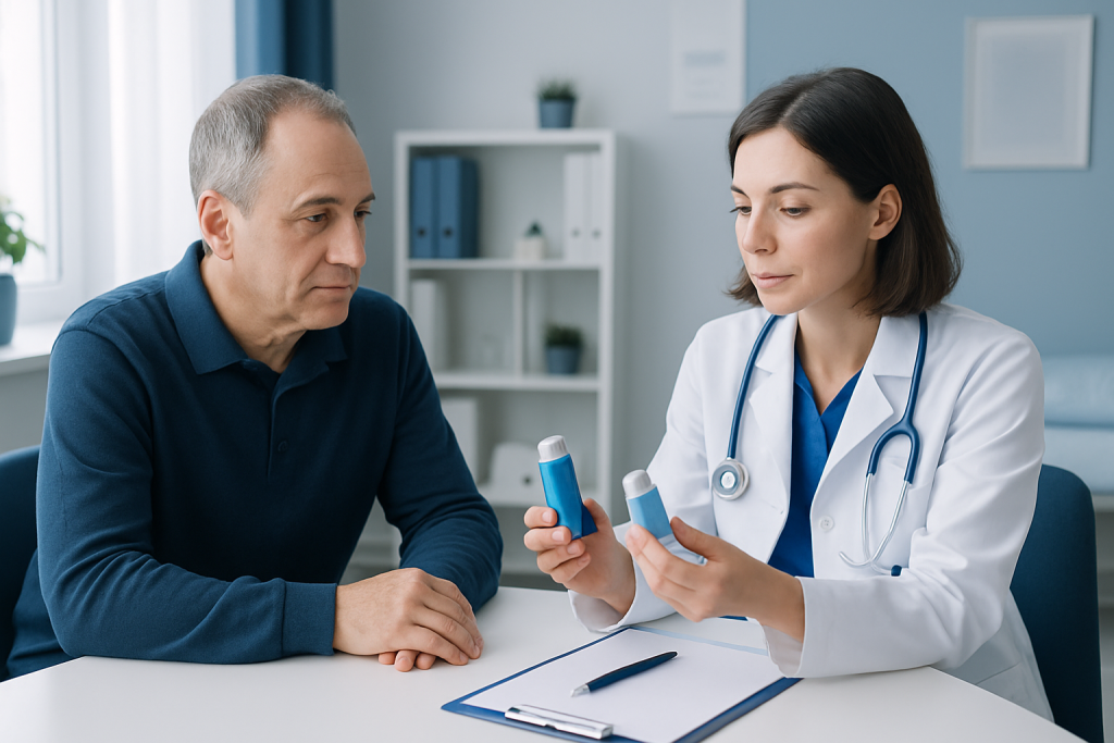 Doctor explaining COPD inhalers to a patient in a clinic setting.