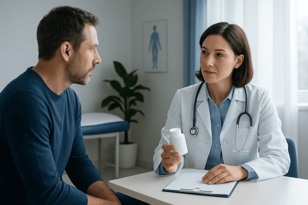 Doctor consulting with patient about psoriasis medication options.