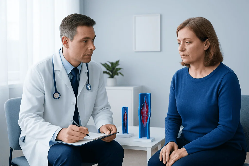 Doctor consulting with a patient about deep vein thrombosis treatment options.