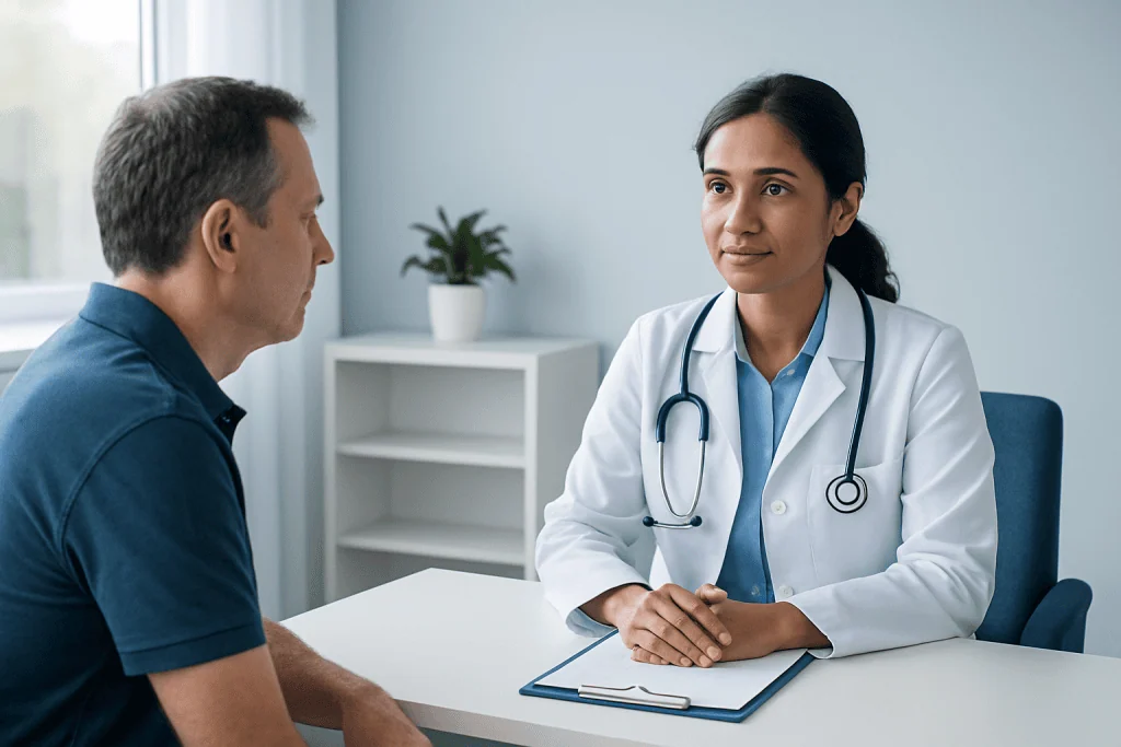 Doctor consulting with a patient in a modern medical office.