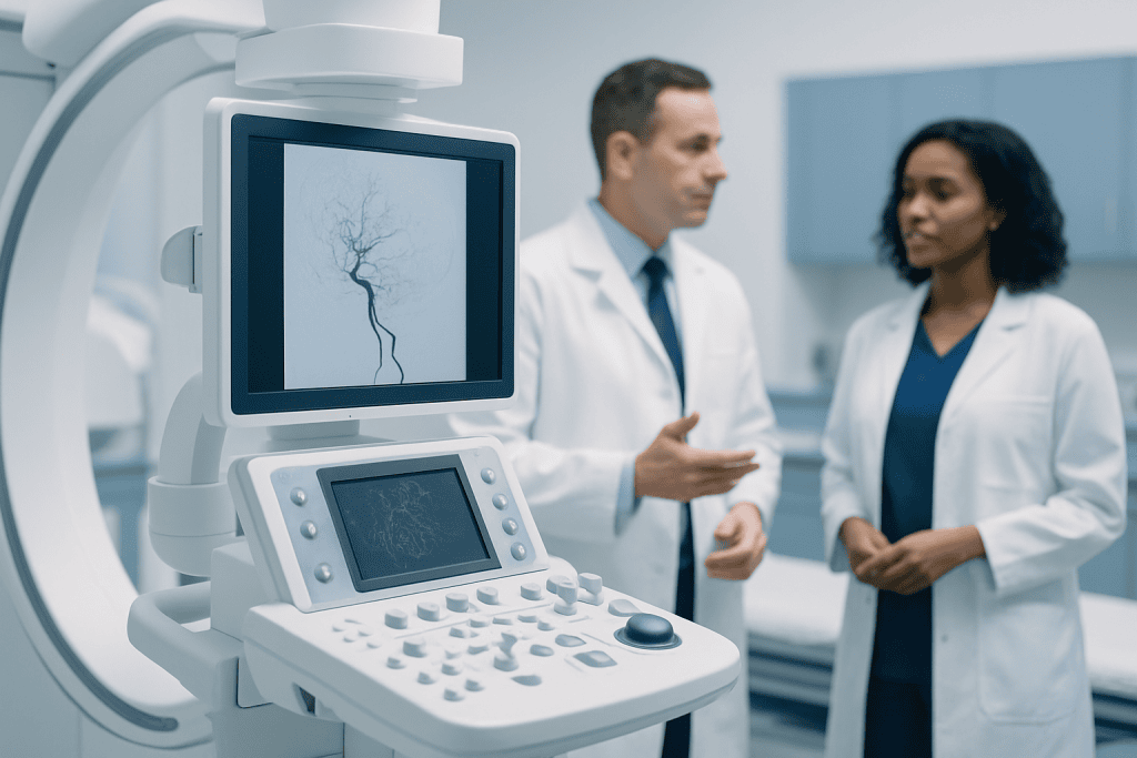 Medical professionals discussing brain scan results in a hospital.