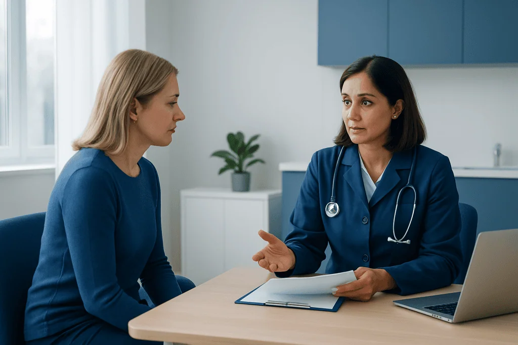 Doctor explaining biopsy procedure to a patient in a consultation room.