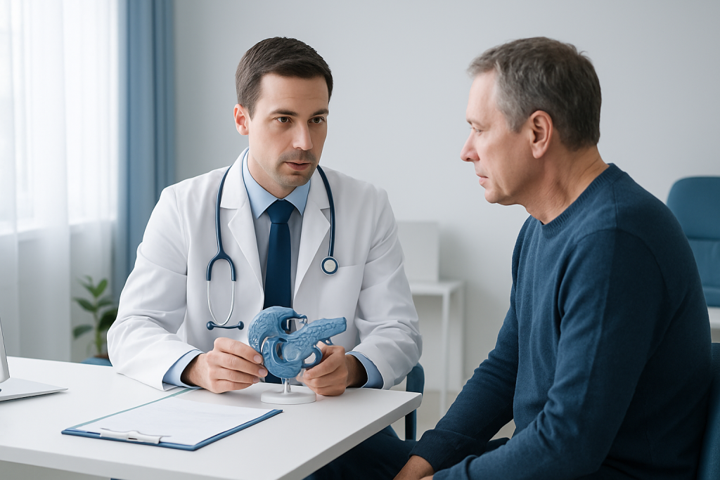 Doctor explaining pancreatic surgery to patient with model.
