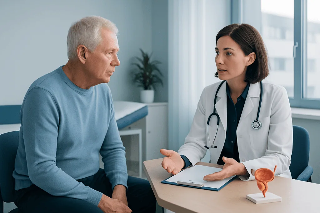 Urologist explaining prostate health to senior male patient in consultation room.