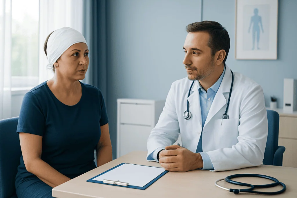 Doctor consulting with a female patient in a hospital room.