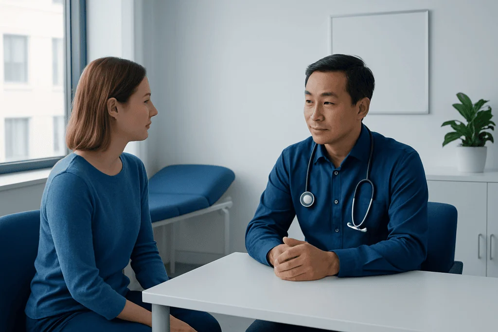 Doctor consulting with a young female patient in a modern clinic.