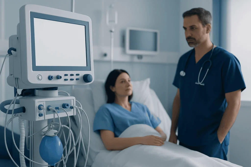 Doctor consulting patient in hospital room with medical equipment nearby.
