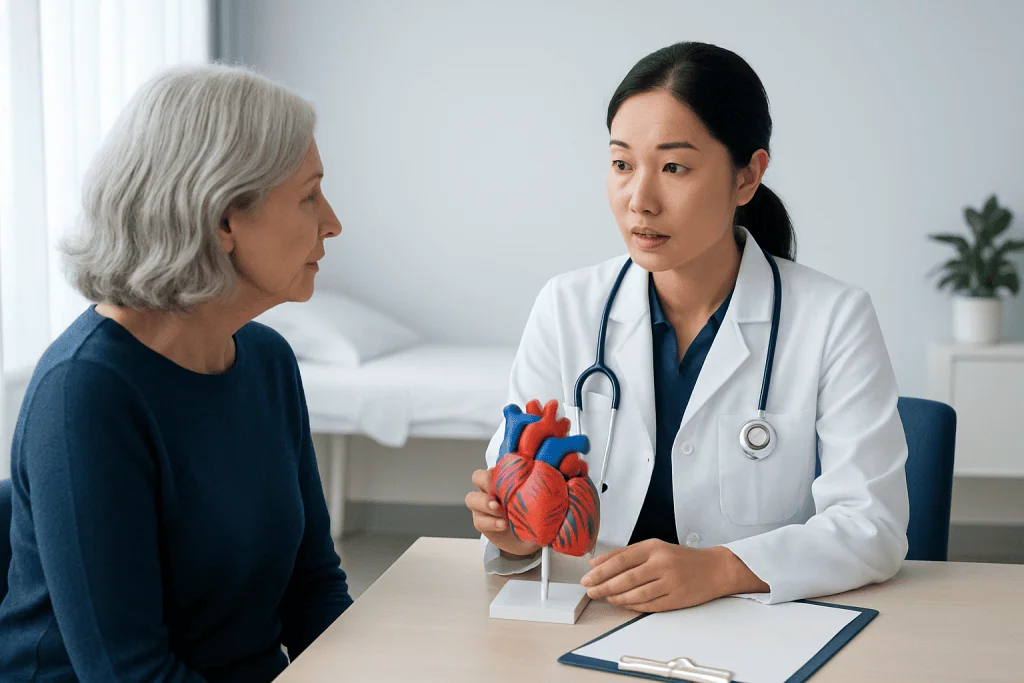 Cardiologist explains heart health to elderly woman with heart model.