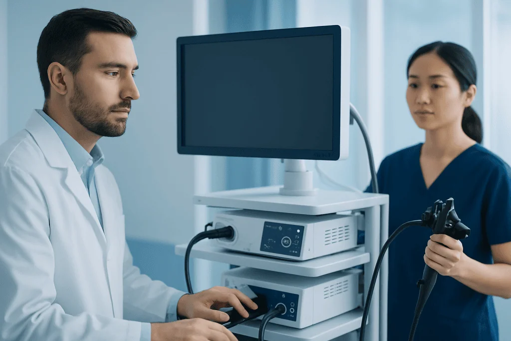 Doctor performing a medical examination with an endoscopy device in a hospital.