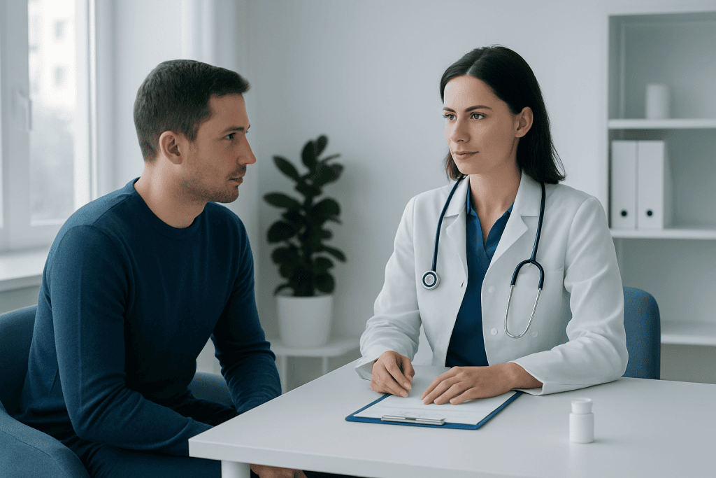 Doctor consulting with a patient in a medical office setting.