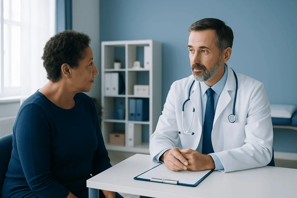 Doctor consulting with a patient in a modern medical office.