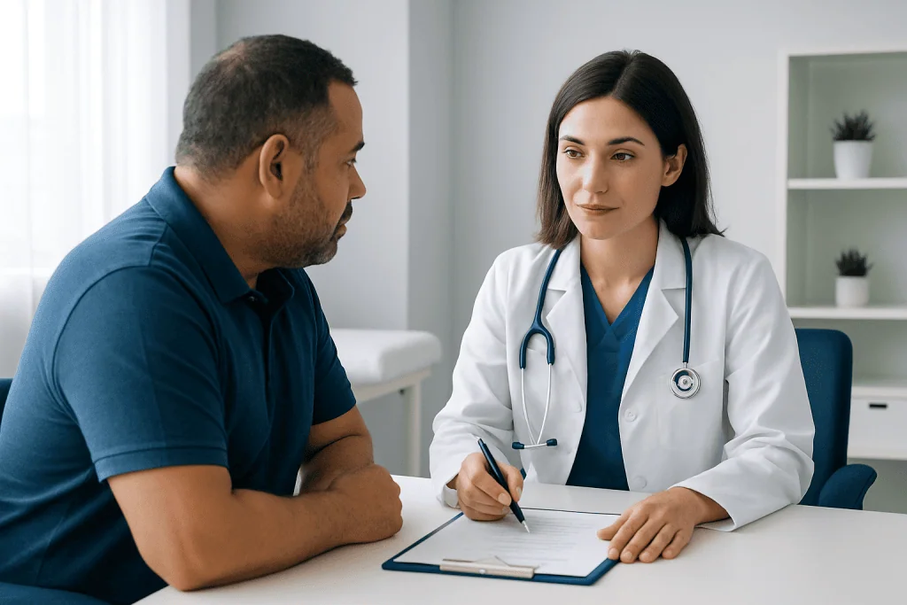 Doctor consulting with a patient in a modern medical office.