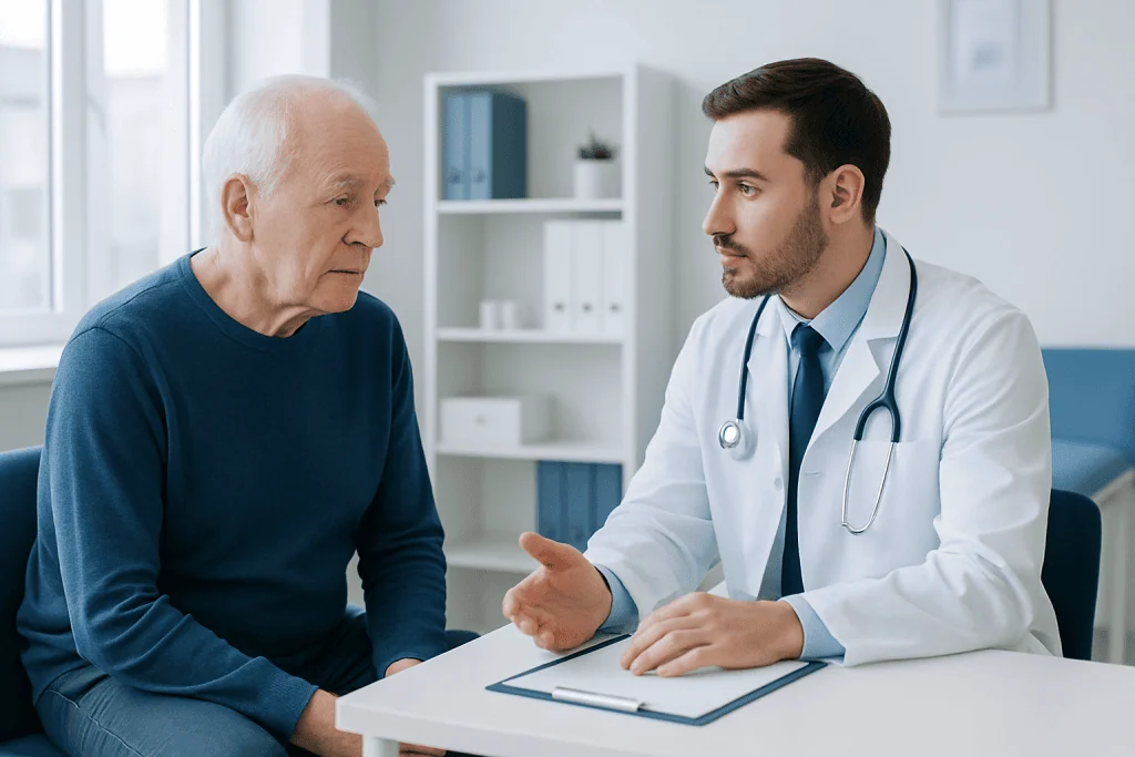 Doctor consulting with elderly patient in a modern clinic setting.