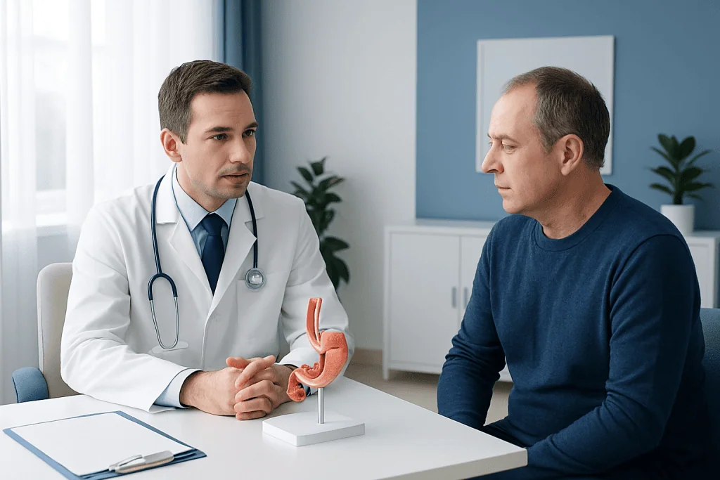 Doctor explaining Nissen fundoplication to patient with stomach model.