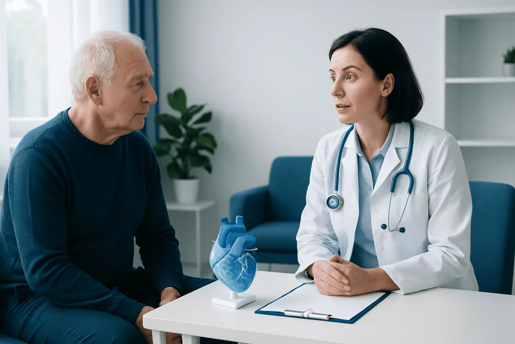 Doctor explaining treatment options to an elderly patient in a consultation room.