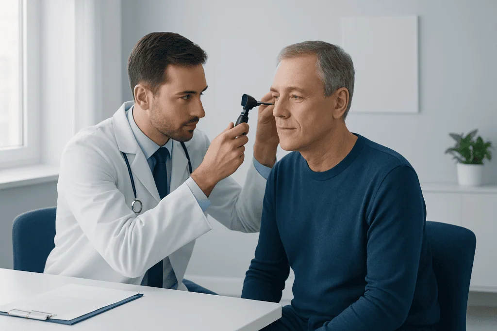 ENT specialist examining patient's ear in a clinical setting.