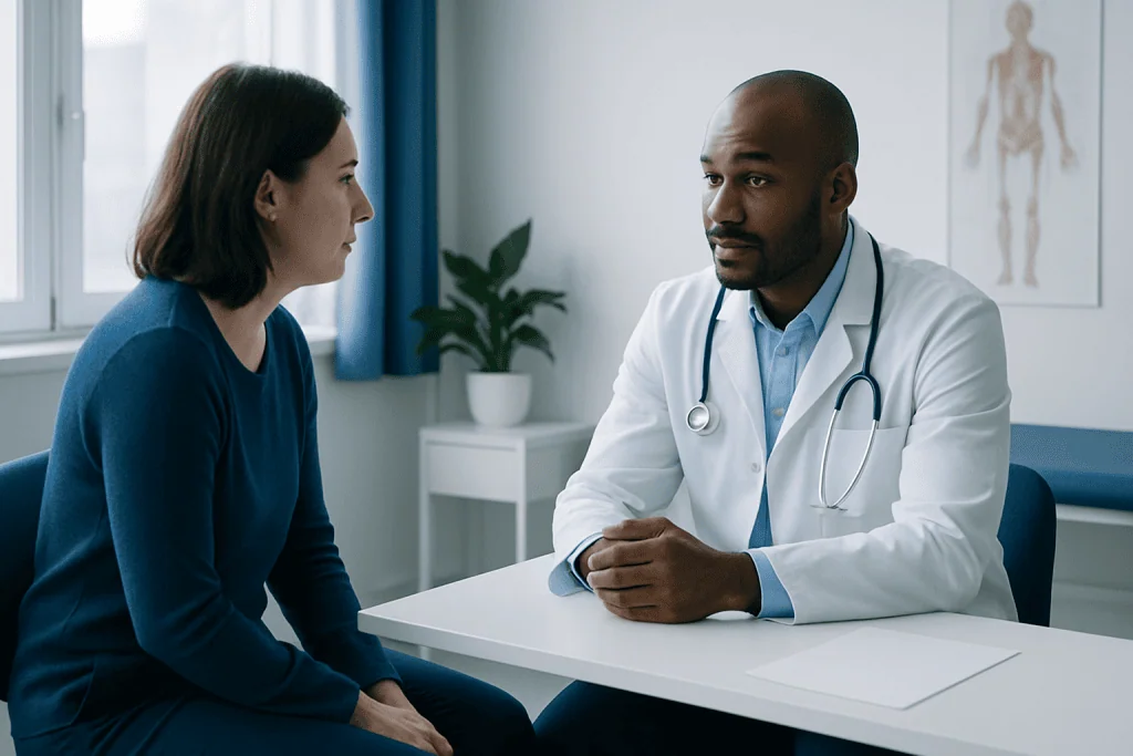 Doctor consulting with a female patient in a medical office setting.