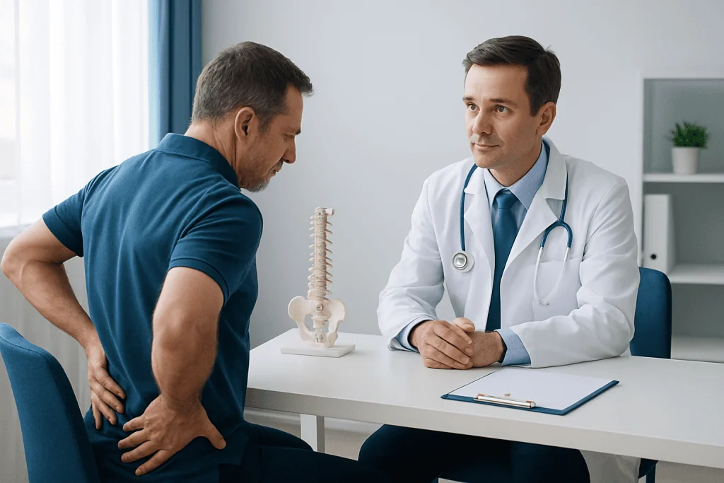 Doctor consulting with patient about back pain at clinic.
