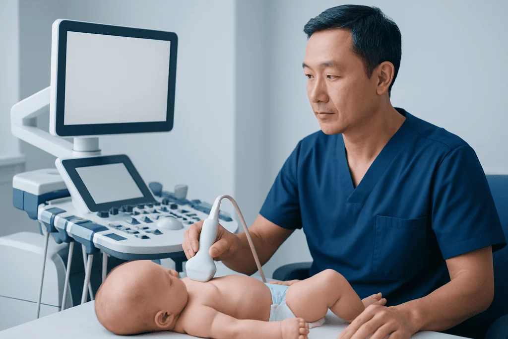 Pediatric ultrasound examination in a hospital setting with a doctor and baby.