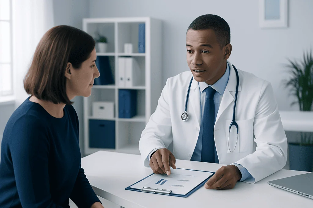 Doctor consulting with a patient in a modern medical office.