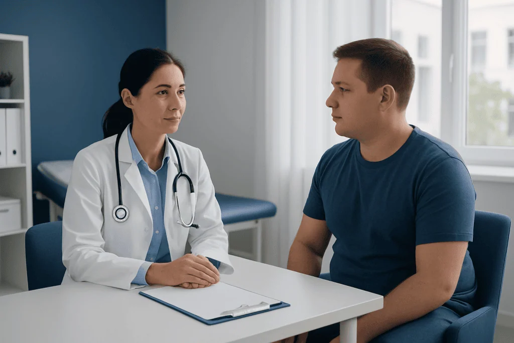 Doctor consulting with male patient in a medical office.