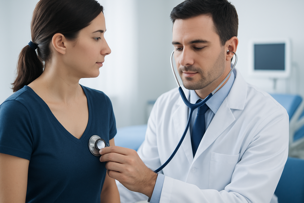 Doctor using stethoscope to examine female patient in hospital setting.