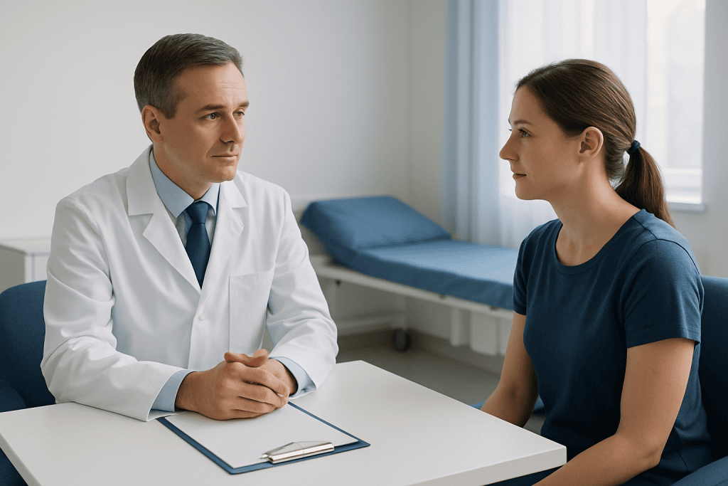 Doctor consulting with a patient in a medical office setting.