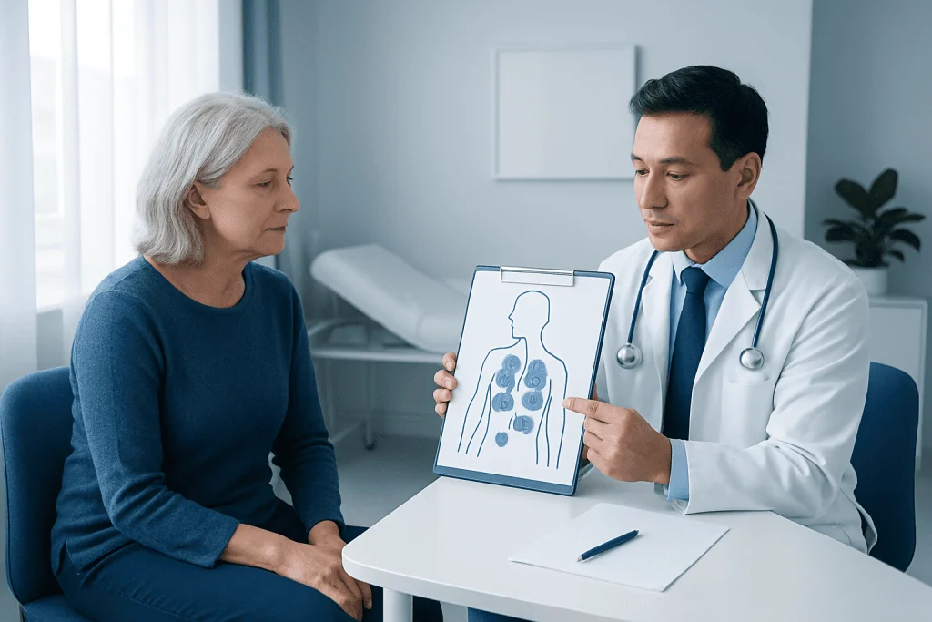 Doctor explaining tumor staging to an elderly woman in a medical consultation.