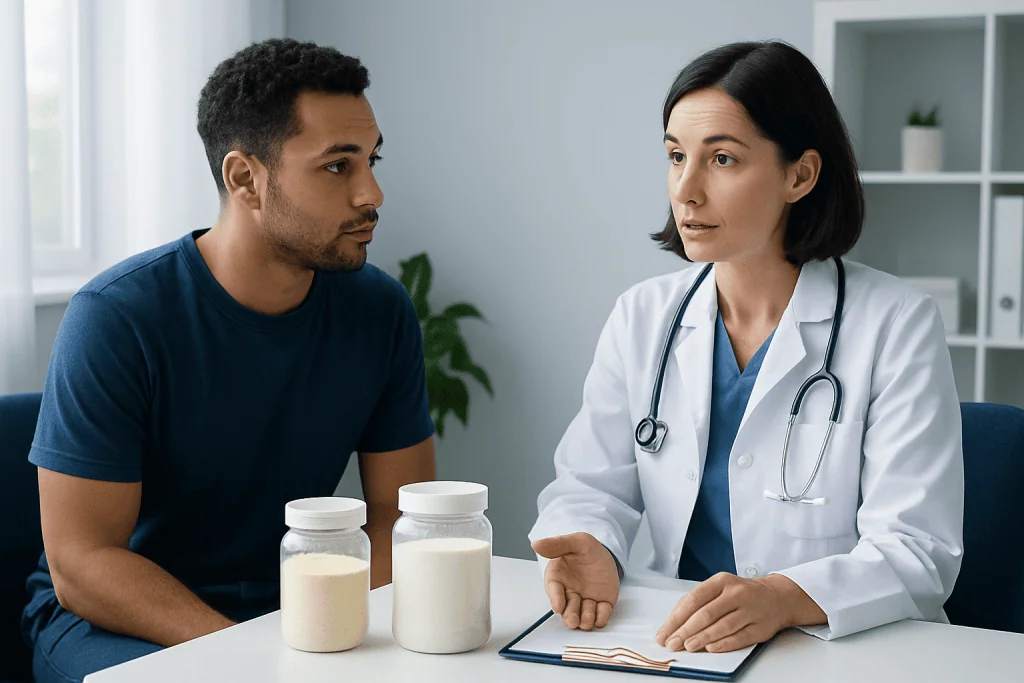 Doctor consulting with patient about protein supplements in clinic.
