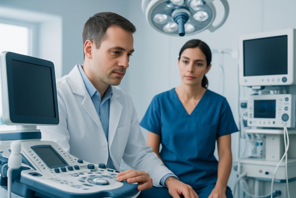 Medical professionals in a hospital operating room with ultrasound equipment.