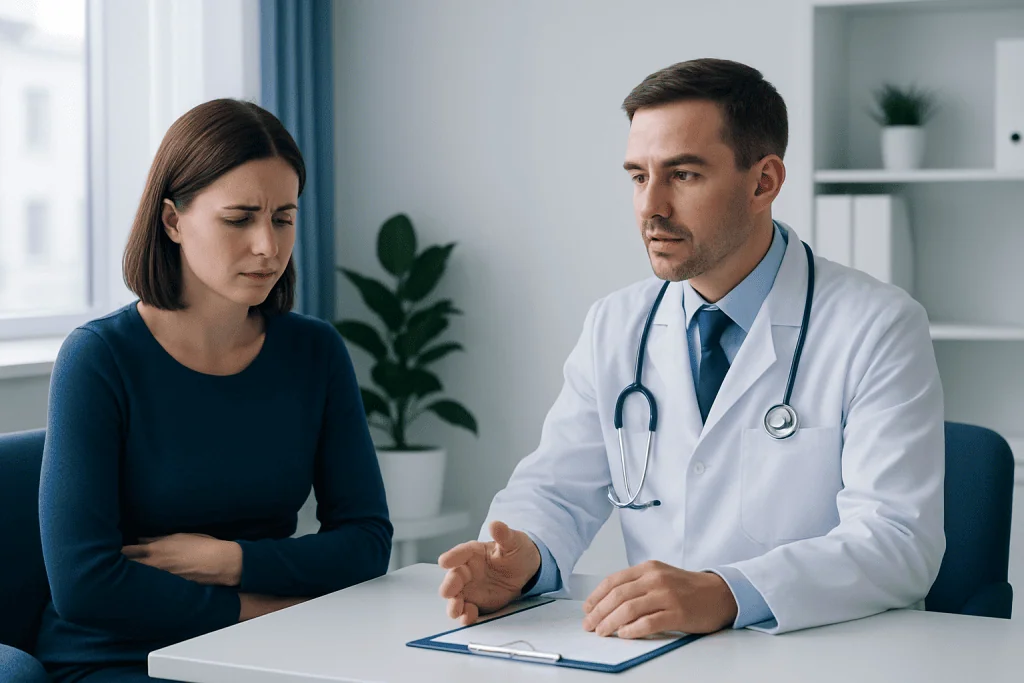 Doctor consulting with a woman patient about stomach issues in a clinic.