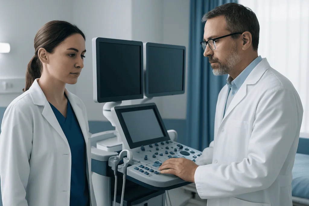 Doctors discussing medical results with ultrasound equipment in hospital.