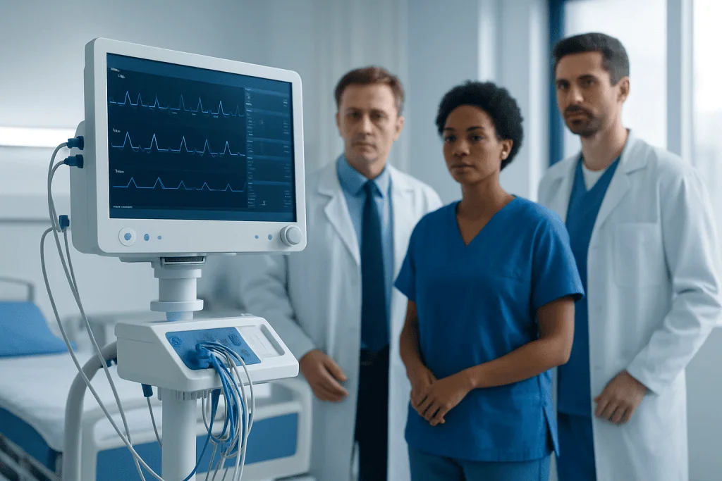 Medical team monitoring patient with ECG in hospital.