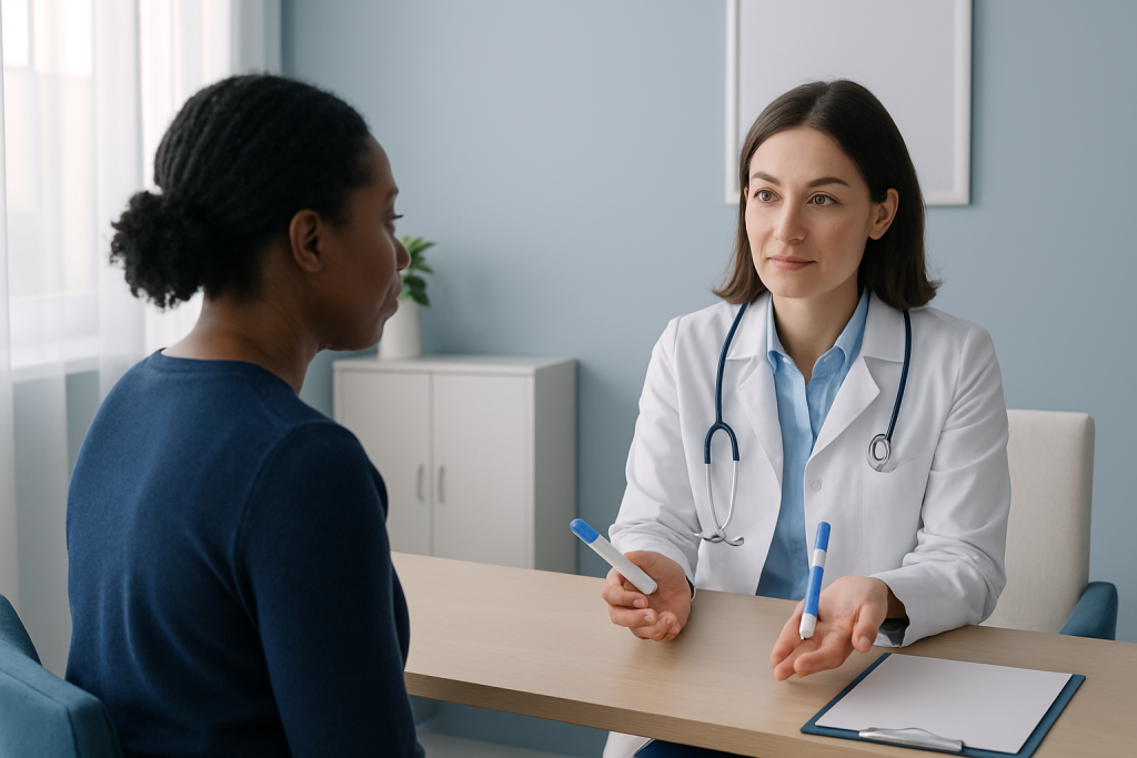Doctor consulting with patient in a medical office setting.