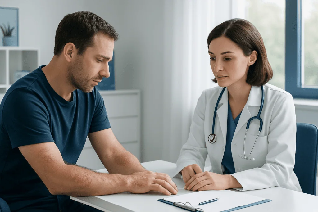 Doctor consulting with patient about skin conditions in a clinical setting.