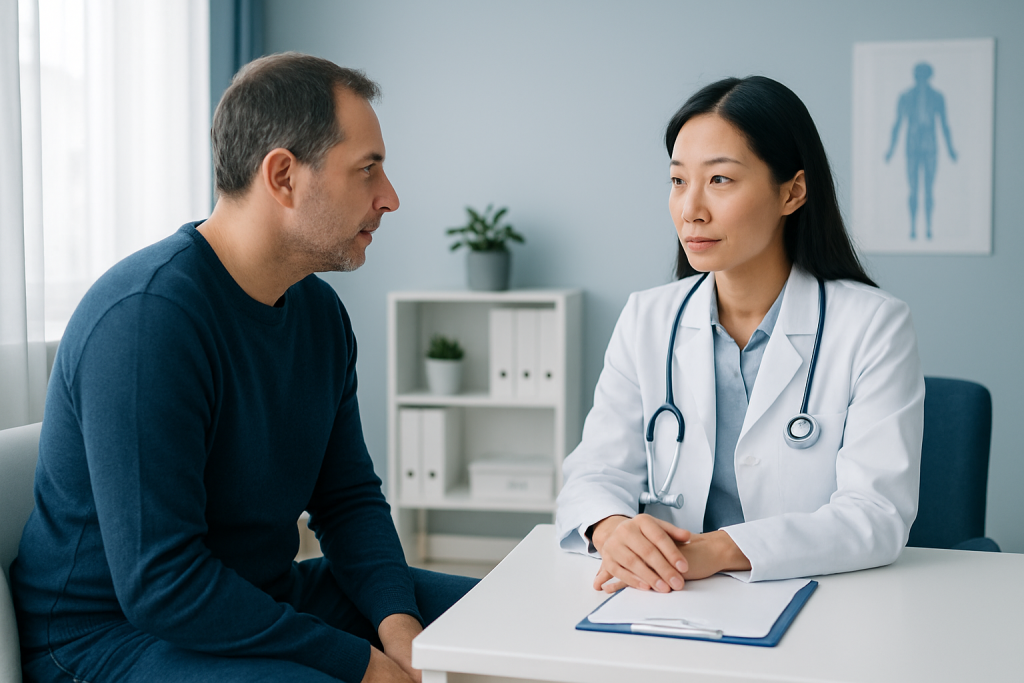 Doctor consulting with male patient in a medical office setting.