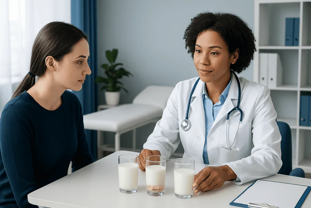 Doctor explaining milk options to a patient in a clinic setting.
