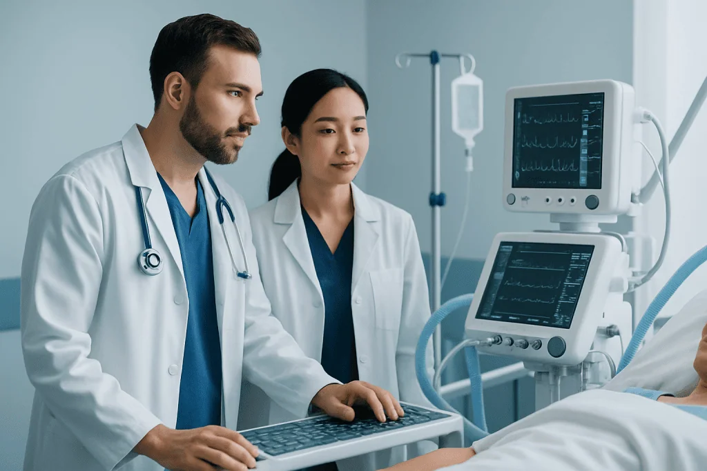 Doctors monitoring patient with medical equipment in hospital.