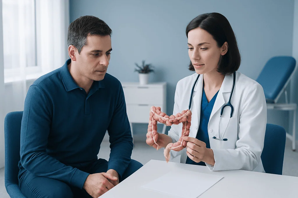 Doctor explaining colon anatomy to patient in a medical consultation.