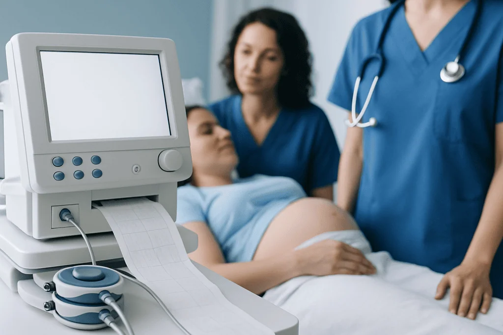 Fetal monitoring during pregnancy with medical staff and ultrasound equipment.