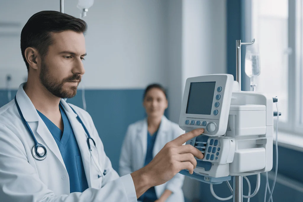 Doctor operating medical ventilator in hospital setting.