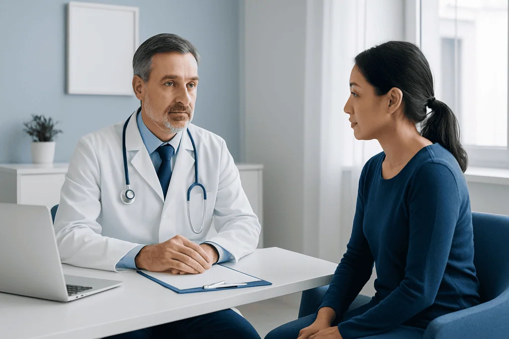 Doctor consulting with female patient in a medical office.
