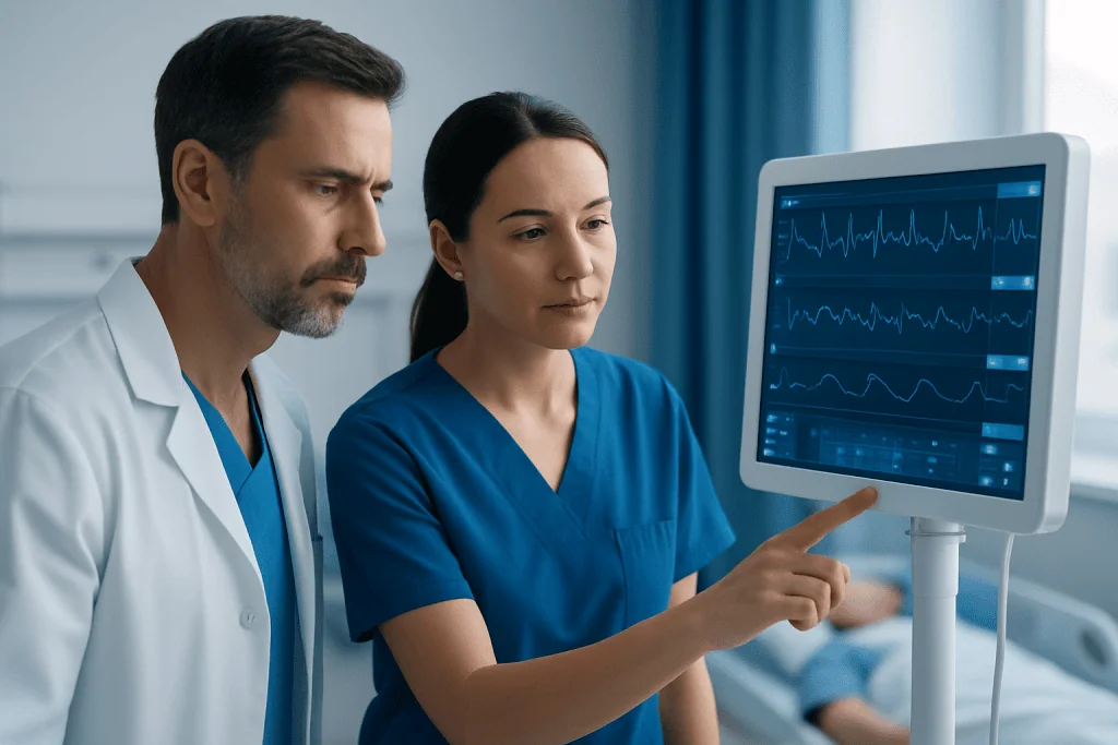 Medical professionals monitor patient heart activity on a screen in a hospital.