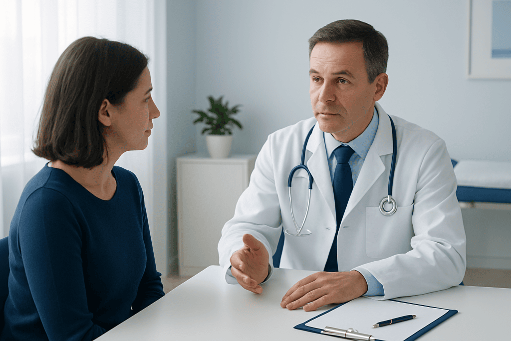 Doctor consulting with a female patient in a medical office setting.