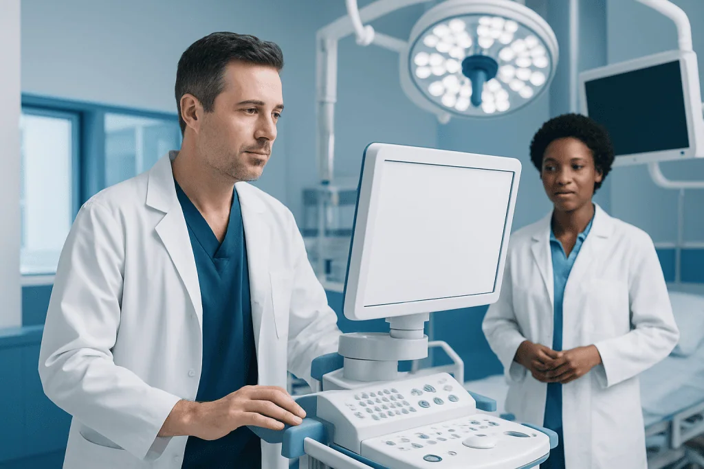 Medical professionals operating ultrasound equipment in a hospital setting.