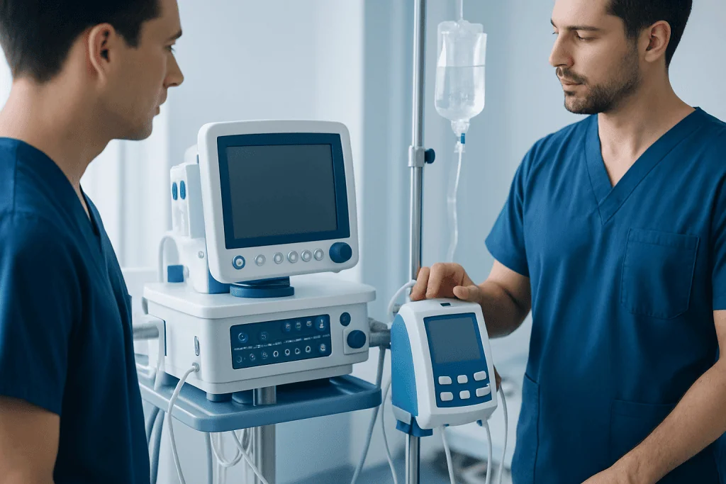 Medical professionals operating hospital monitoring equipment in a clinical setting.